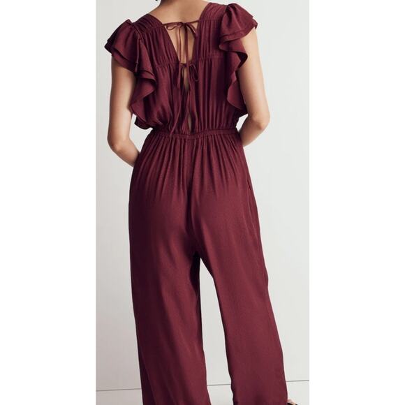 New Size XXL 2X Madewell Jacquard V-Neck Ruffled Jumpsuit Red Cabernet Maroon - Picture 4 of 5